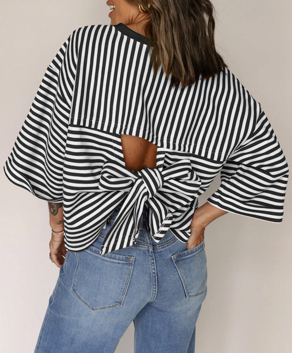 Round neck striped back tie bow pullover top