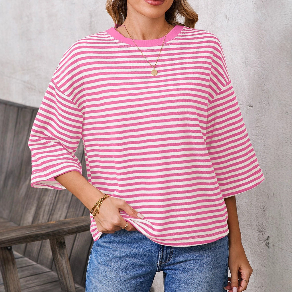 Round neck striped back tie bow pullover top