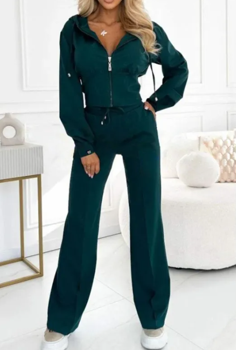 Hooded Zipper Jacket with Tight-Fitting Bottom Set