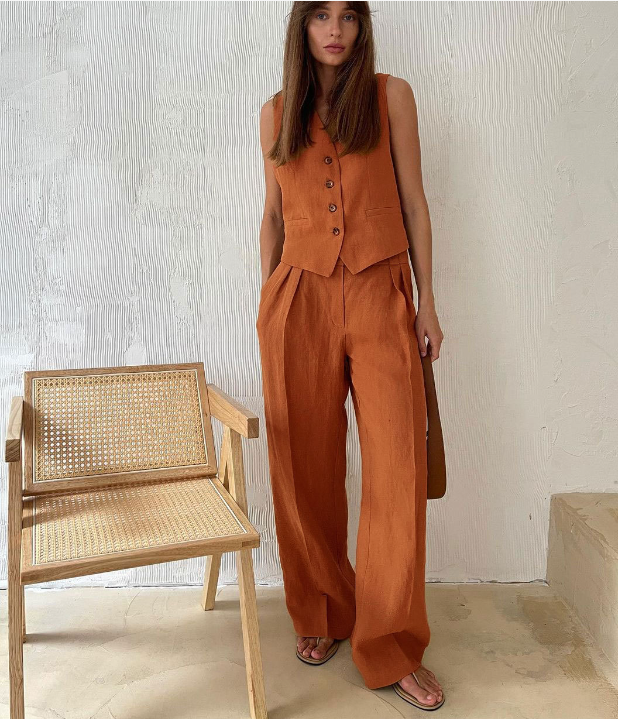Athena Tailored Linen Set with Sleeveless Vest (One Set)