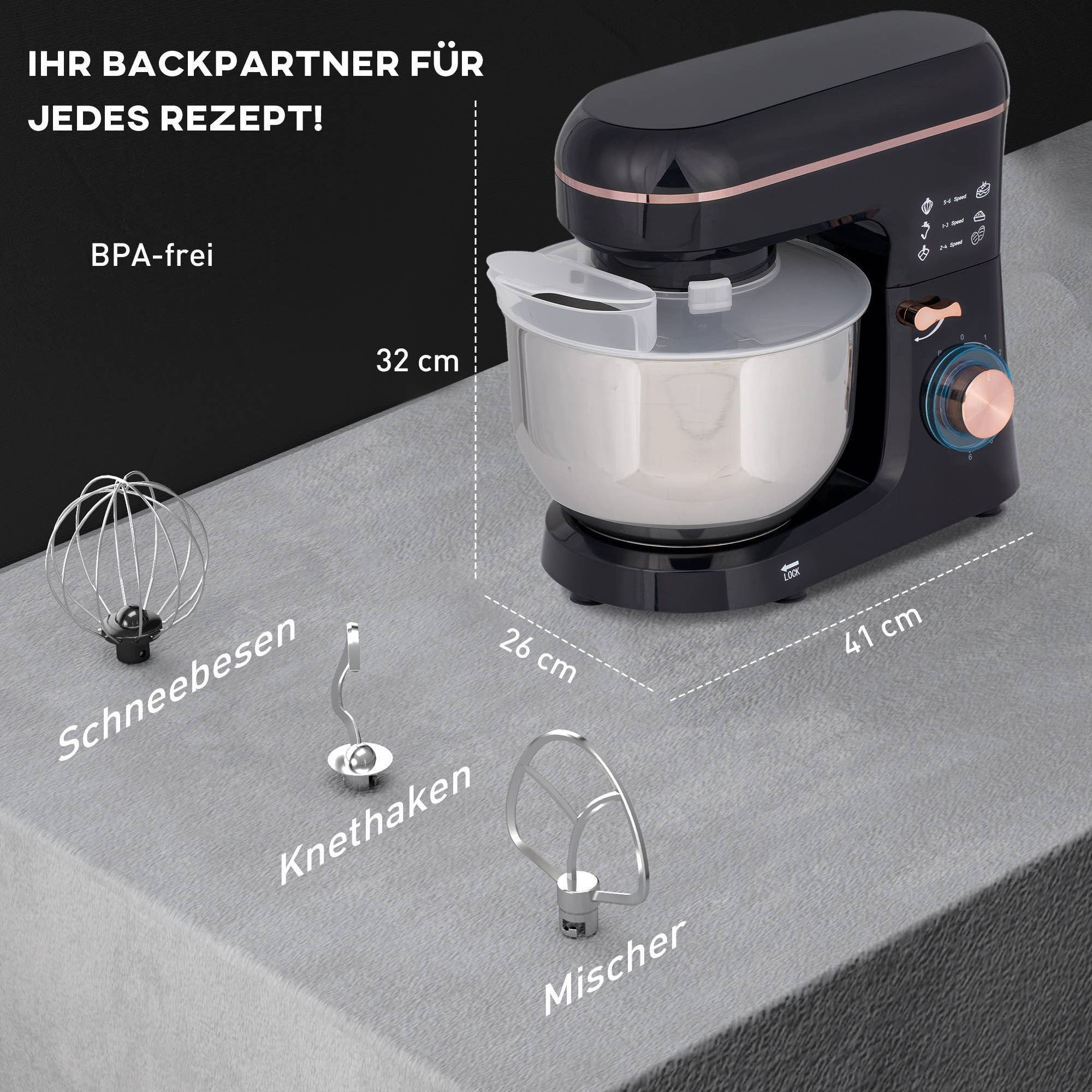 MH Handel GmbH - Frullatore, robot da cucina, sbattitore elettrico, 6 velocità, nero: Nero / 41 cm x 26 cm x 32 cm
