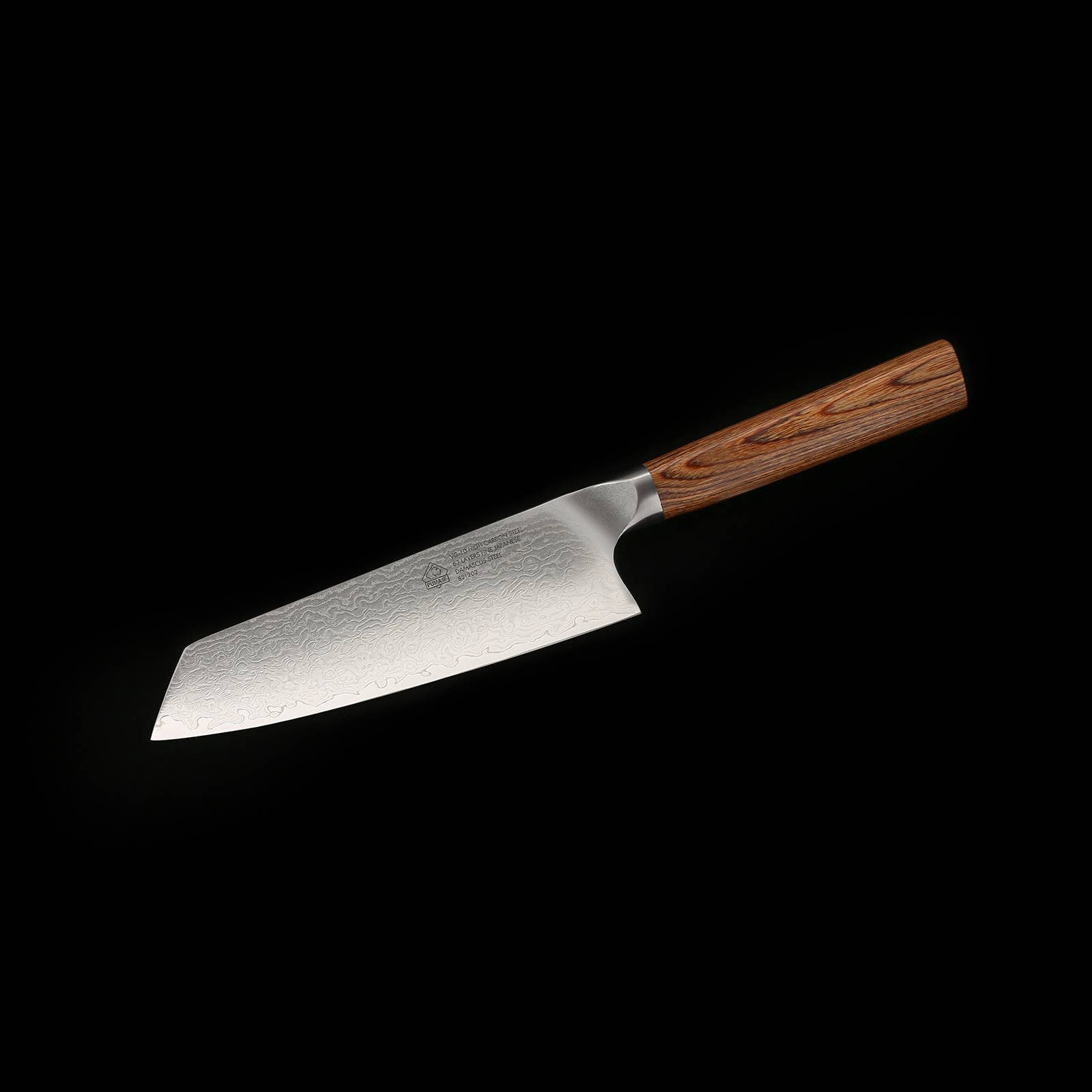 Ed Mahony - Coltello Santoku PUMA IP 18 cm con lama in acciaio Damascato VG-10 e manico in legno pakka