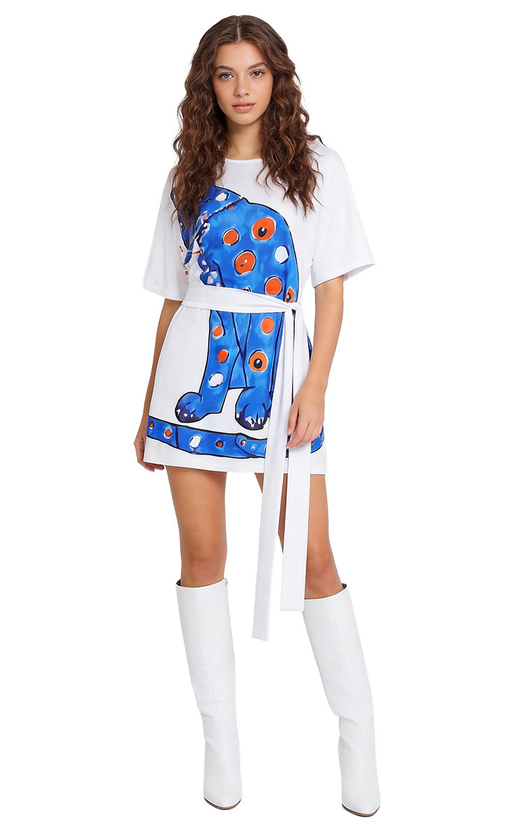 80s Women's Clothing Agnesa Halloween Party Cat T-Shirt with Belt Disco Retro Dress