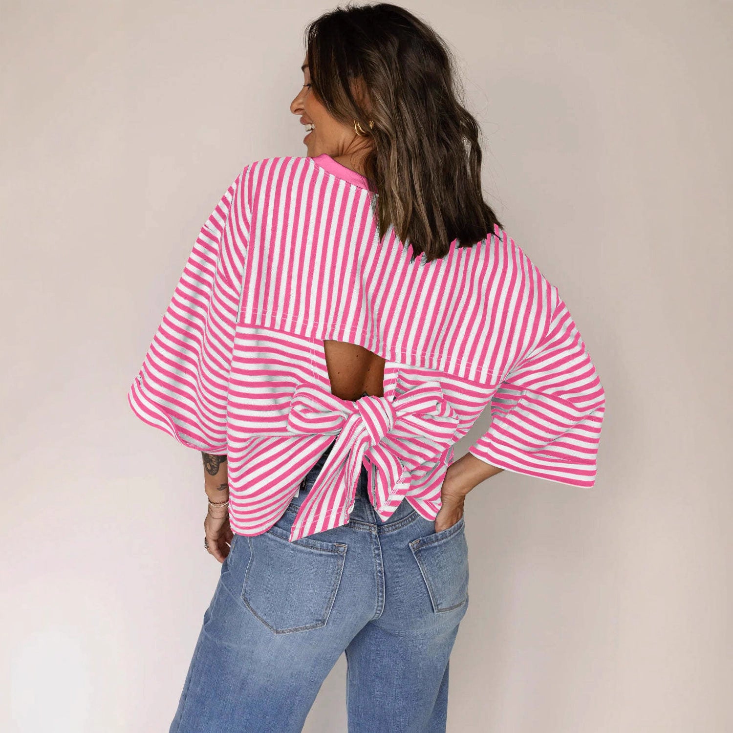 Round neck striped back tie bow pullover top