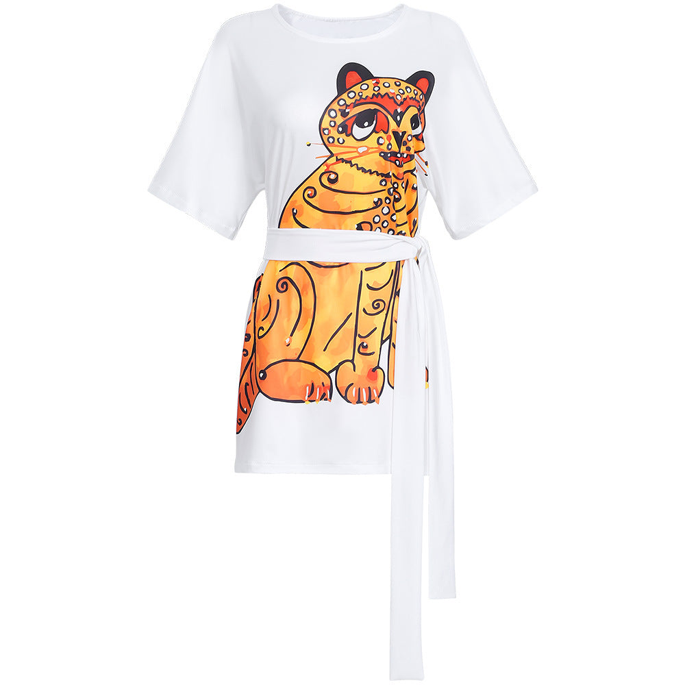 80s Women's Clothing Agnesa Halloween Party Cat T-Shirt with Belt Disco Retro Dress