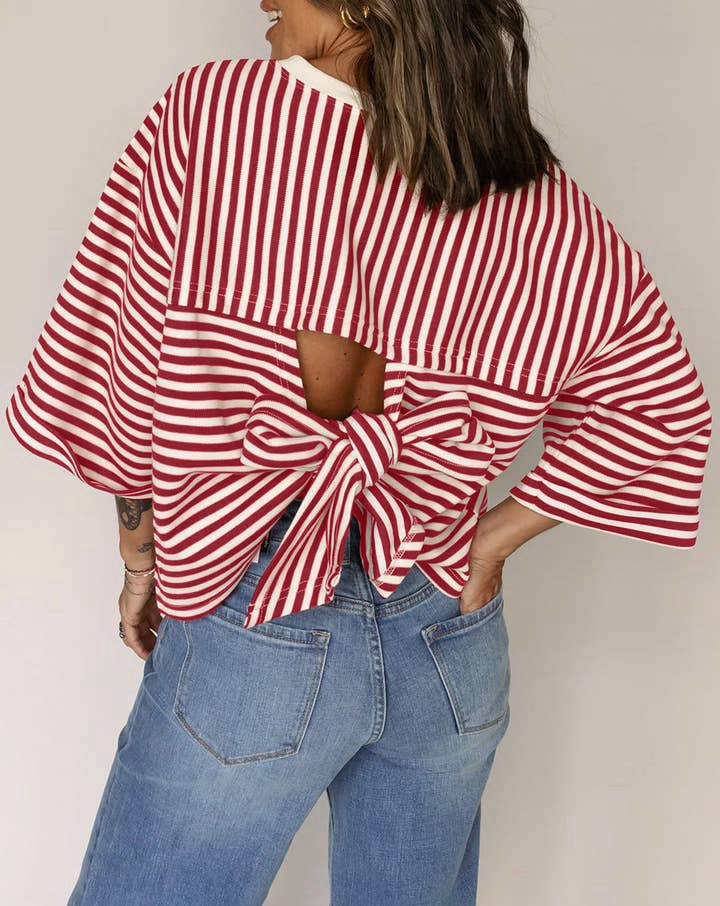 Round neck striped back tie bow pullover top