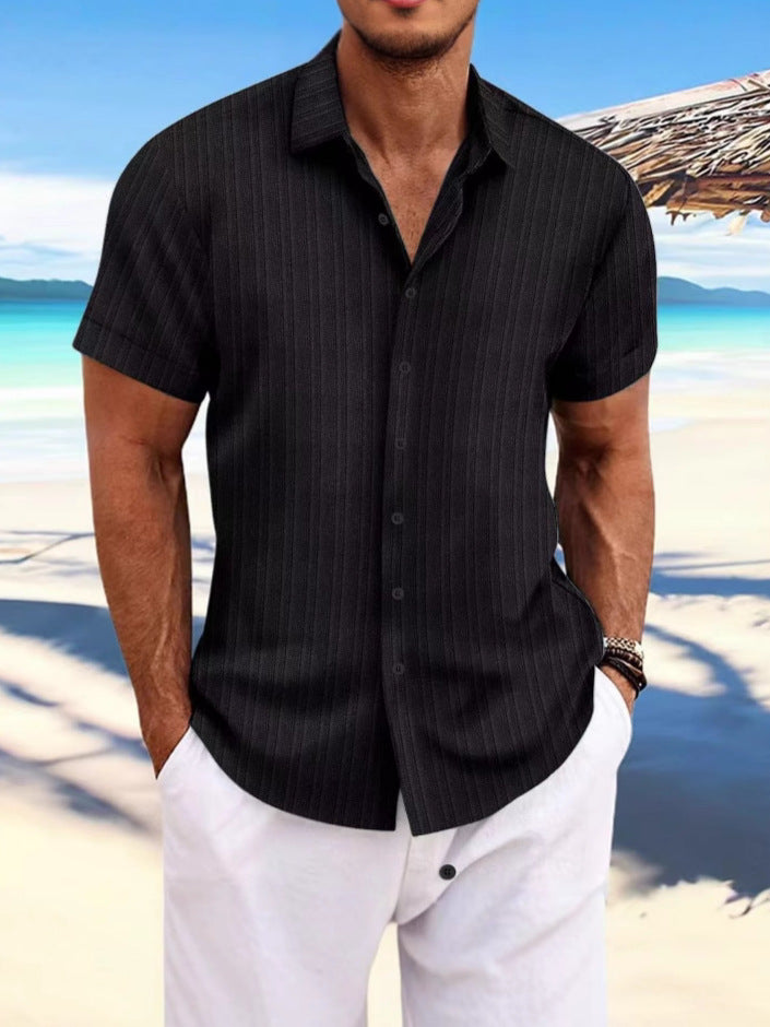 Cross-border Explosions Amazon AliExpress New Men's Cotton and Linen Striped Jacquard Casual Loose Short-sleeved Shirt