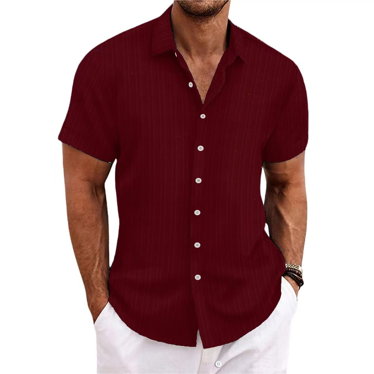 Cross-border Explosions Amazon AliExpress New Men's Cotton and Linen Striped Jacquard Casual Loose Short-sleeved Shirt