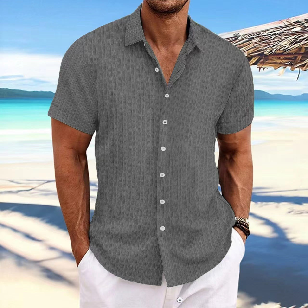 Cross-border Explosions Amazon AliExpress New Men's Cotton and Linen Striped Jacquard Casual Loose Short-sleeved Shirt