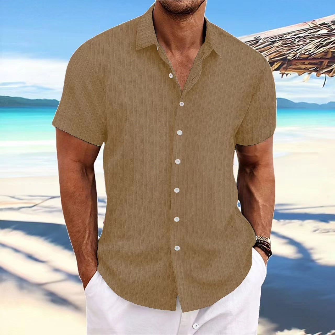 Cross-border Explosions Amazon AliExpress New Men's Cotton and Linen Striped Jacquard Casual Loose Short-sleeved Shirt