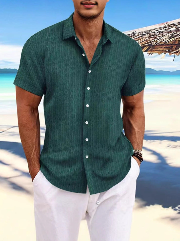 Cross-border Explosions Amazon AliExpress New Men's Cotton and Linen Striped Jacquard Casual Loose Short-sleeved Shirt
