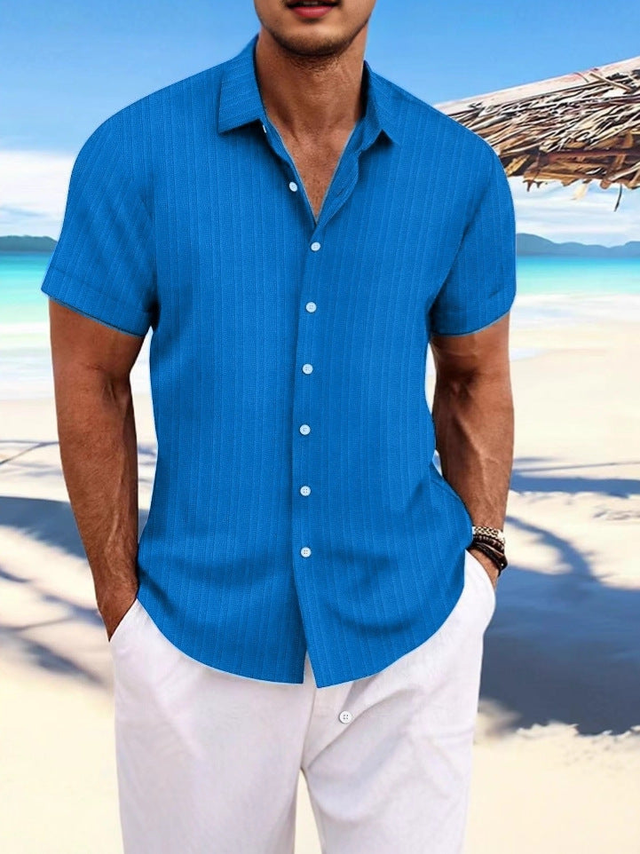 Cross-border Explosions Amazon AliExpress New Men's Cotton and Linen Striped Jacquard Casual Loose Short-sleeved Shirt