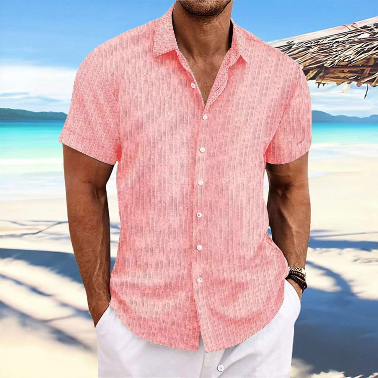 Cross-border Explosions Amazon AliExpress New Men's Cotton and Linen Striped Jacquard Casual Loose Short-sleeved Shirt