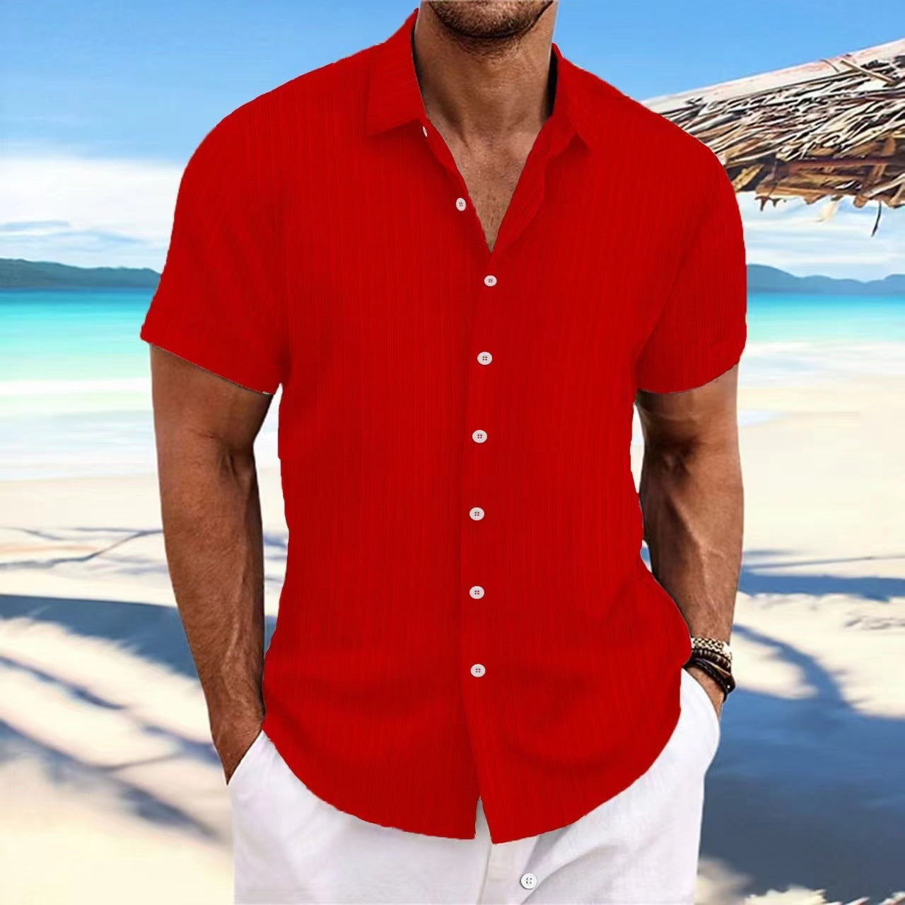 Cross-border Explosions Amazon AliExpress New Men's Cotton and Linen Striped Jacquard Casual Loose Short-sleeved Shirt