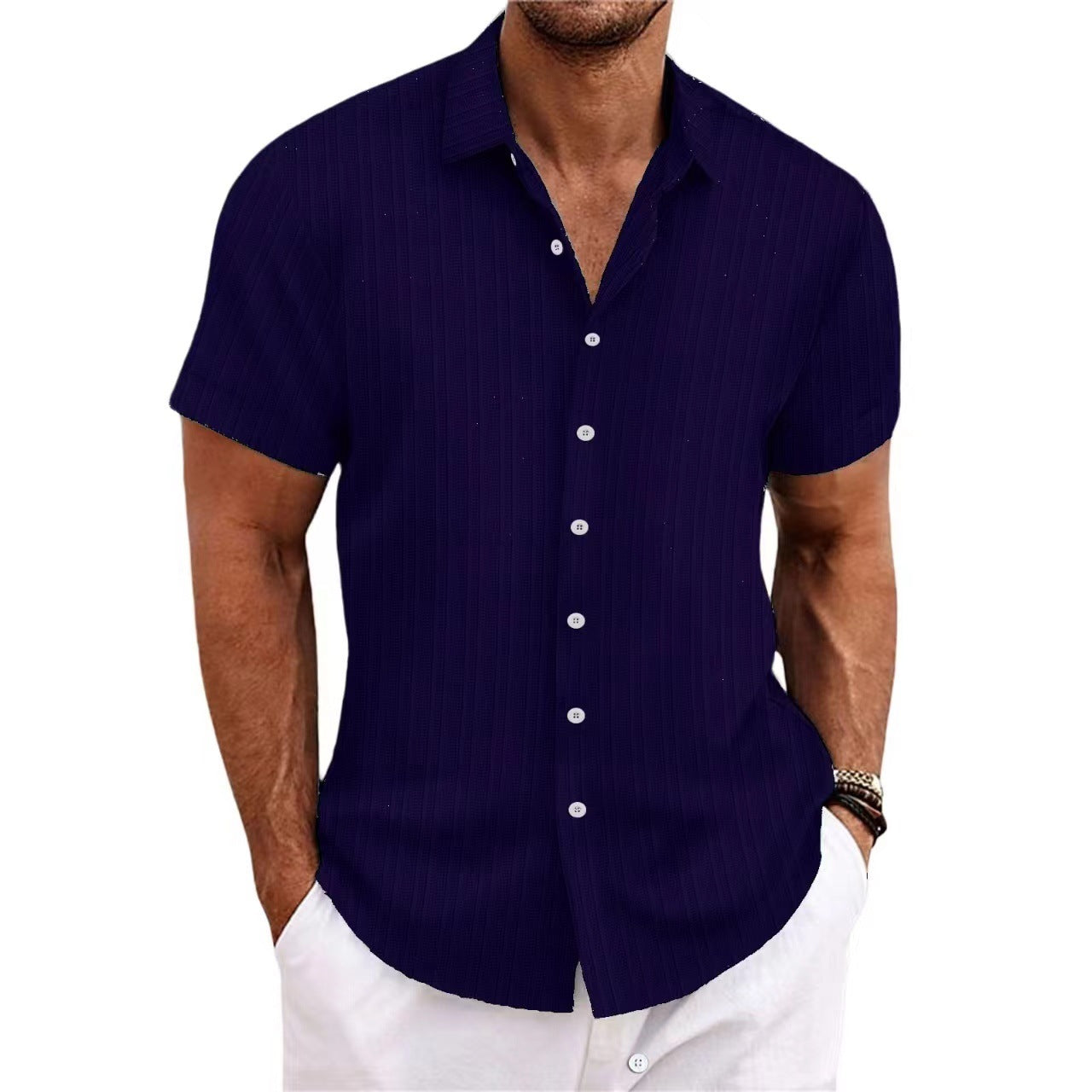 Cross-border Explosions Amazon AliExpress New Men's Cotton and Linen Striped Jacquard Casual Loose Short-sleeved Shirt