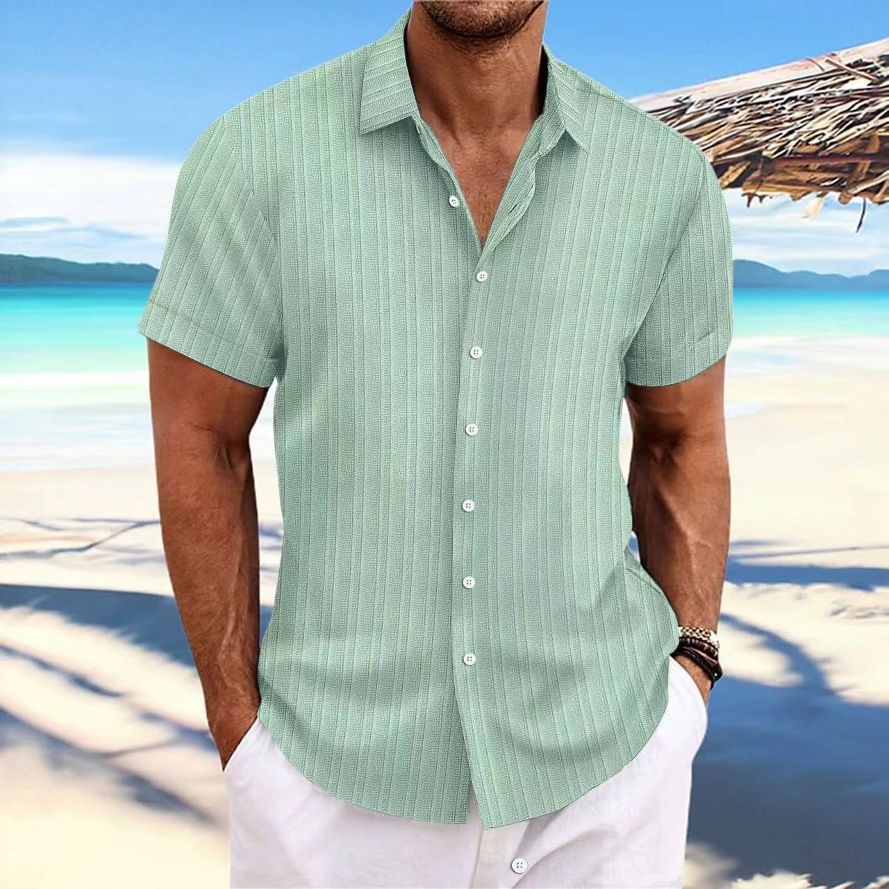 Cross-border Explosions Amazon AliExpress New Men's Cotton and Linen Striped Jacquard Casual Loose Short-sleeved Shirt