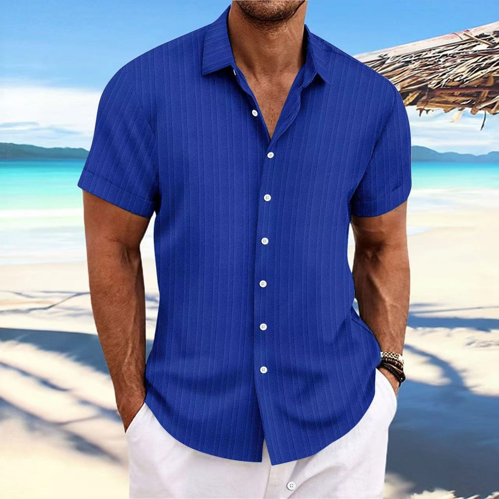 Cross-border Explosions Amazon AliExpress New Men's Cotton and Linen Striped Jacquard Casual Loose Short-sleeved Shirt