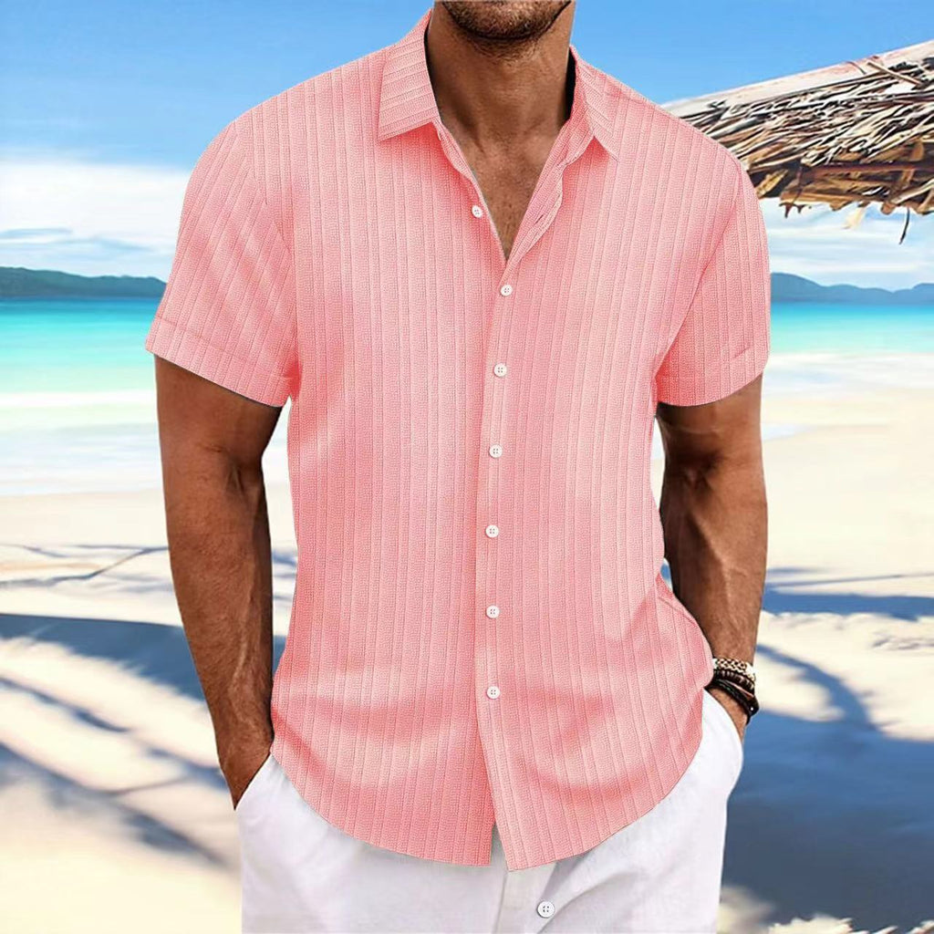 Cross-border Explosions Amazon AliExpress New Men's Cotton and Linen Striped Jacquard Casual Loose Short-sleeved Shirt