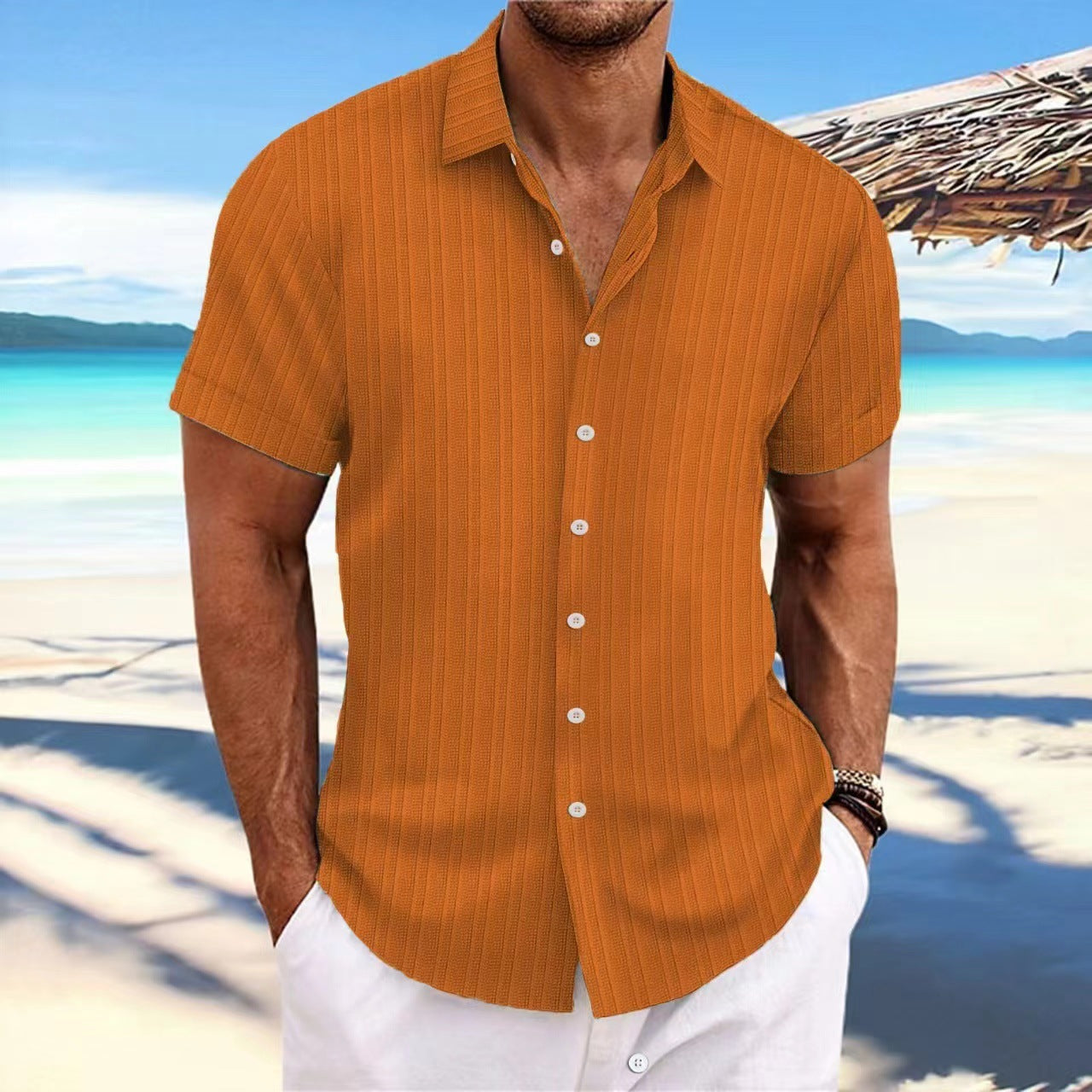 Cross-border Explosions Amazon AliExpress New Men's Cotton and Linen Striped Jacquard Casual Loose Short-sleeved Shirt