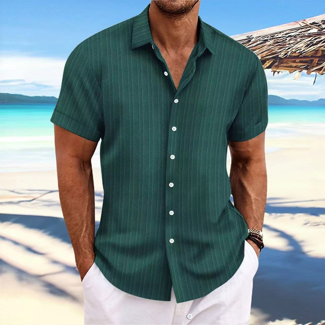 Cross-border Explosions Amazon AliExpress New Men's Cotton and Linen Striped Jacquard Casual Loose Short-sleeved Shirt