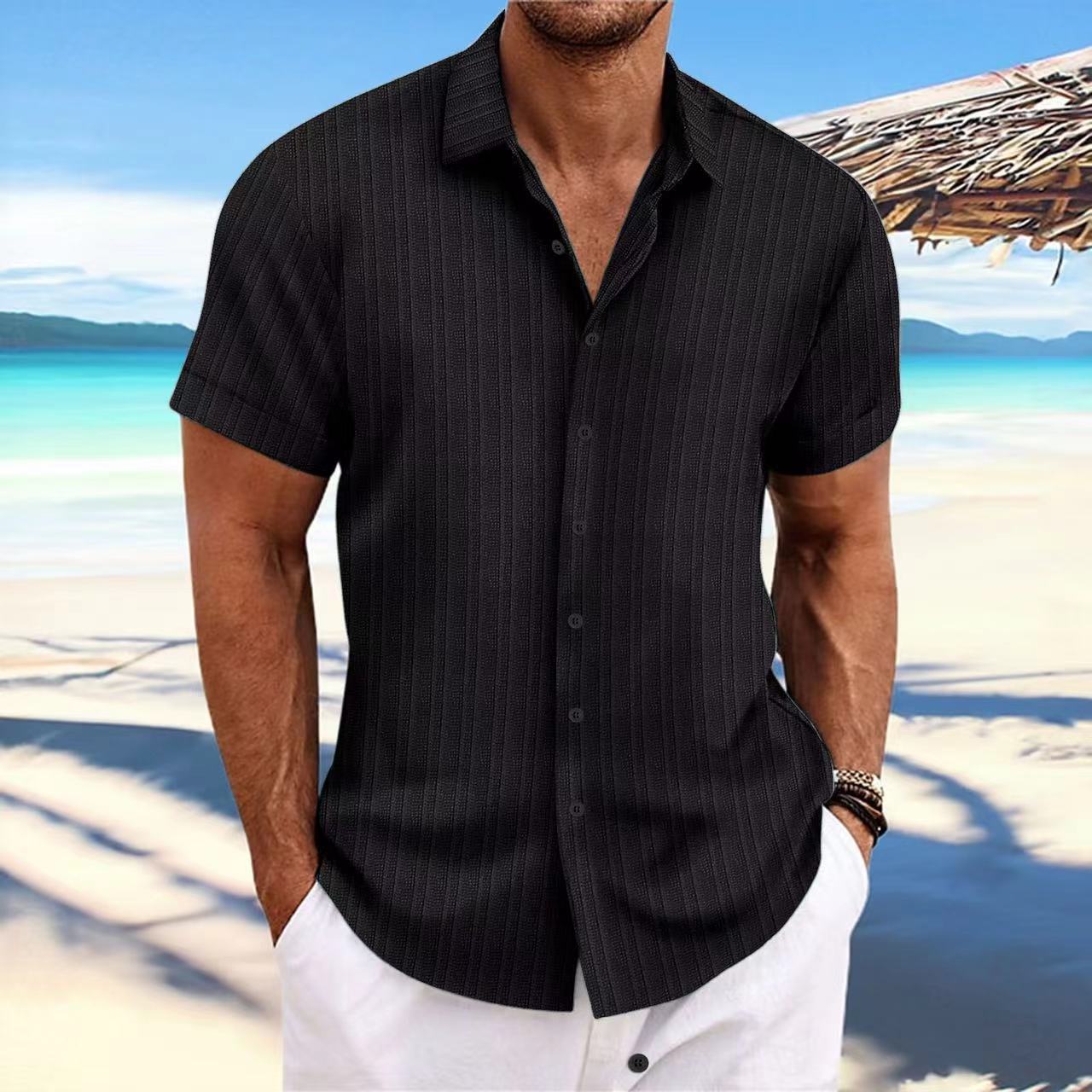 Cross-border Explosions Amazon AliExpress New Men's Cotton and Linen Striped Jacquard Casual Loose Short-sleeved Shirt