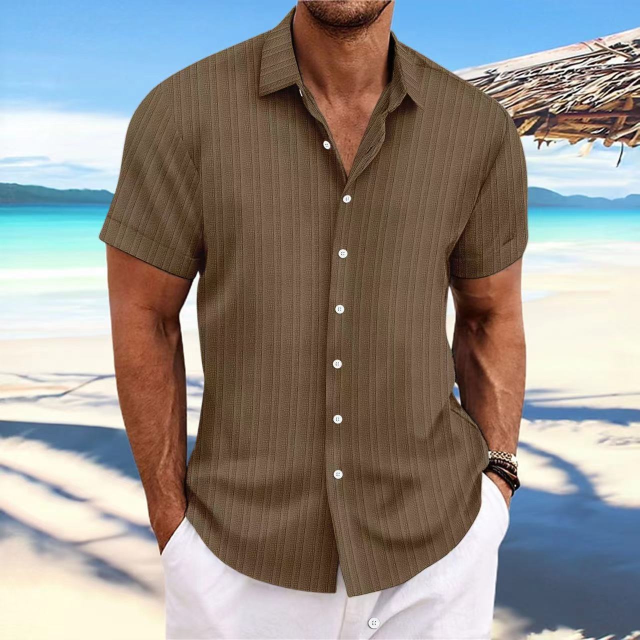 Cross-border Explosions Amazon AliExpress New Men's Cotton and Linen Striped Jacquard Casual Loose Short-sleeved Shirt